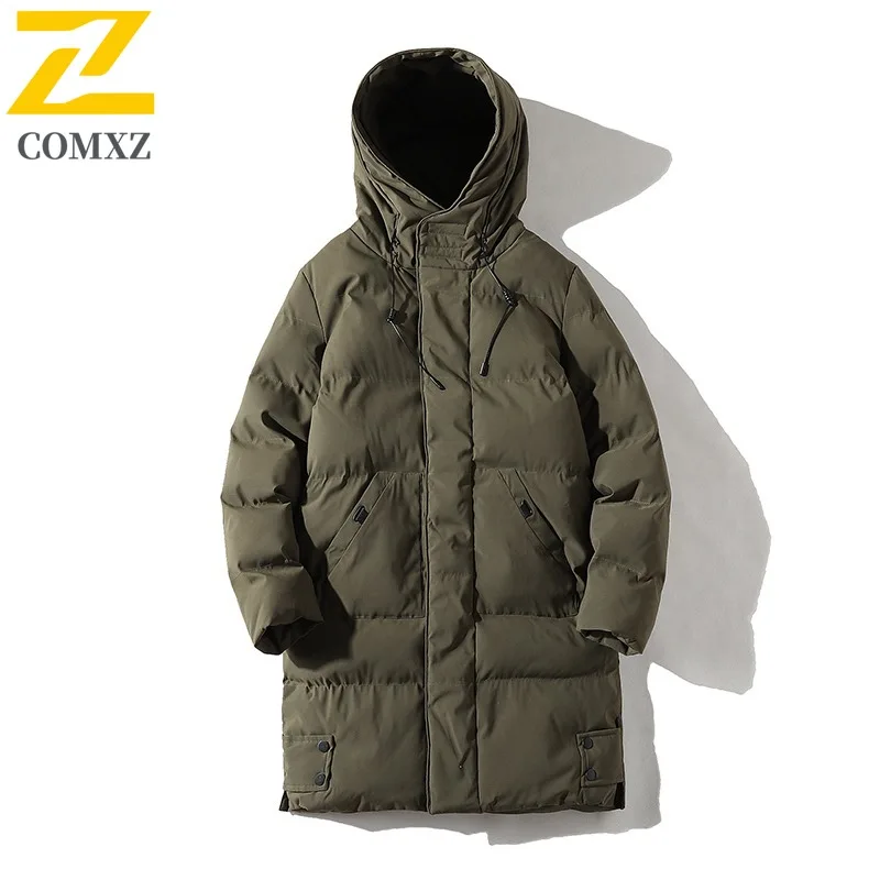 COMXZ 2025 Winter Fashion Stand Collar Cotton Jacket Hooded Winter Waterproof Windproof Outdoor Casual Warm Coat Men Streetwear