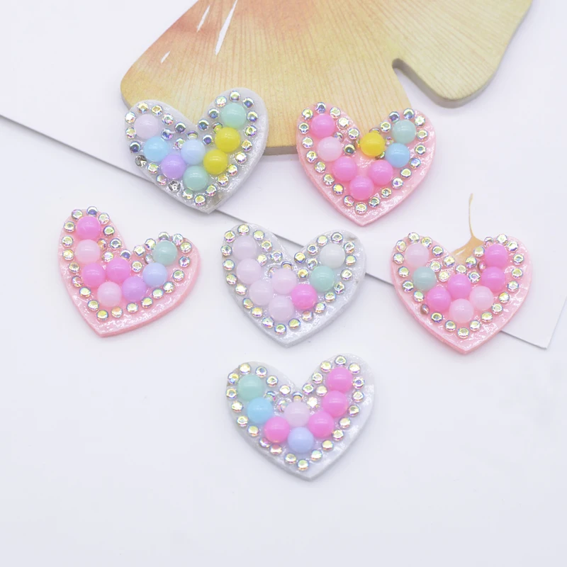 30Pcs 24*20mm Colorful Padded Rhinestone Heart Patches for DIY Clothes Hat Sewing Headwear Hair Clips Decor Appliques Accessory