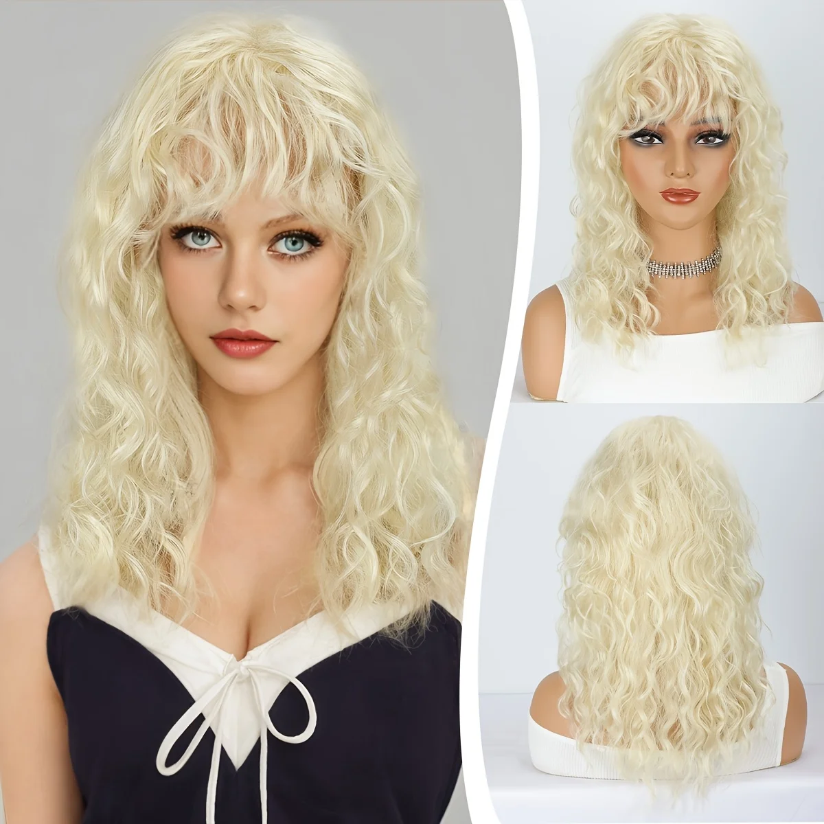 18inch Long Curly Light Blonde Fluffy Wig with Bangs, Synthetic Wig, Suitable for Women's Daily Use