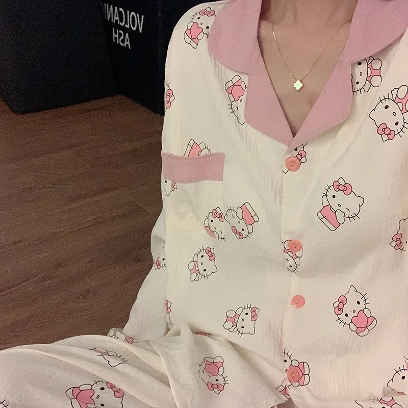 New Sanrio Hello Kitty Anime Women's Pajamas Cute Wearable Set of Spring Autumn Clouds Cotton Comfortable Homewear Birthday Gift