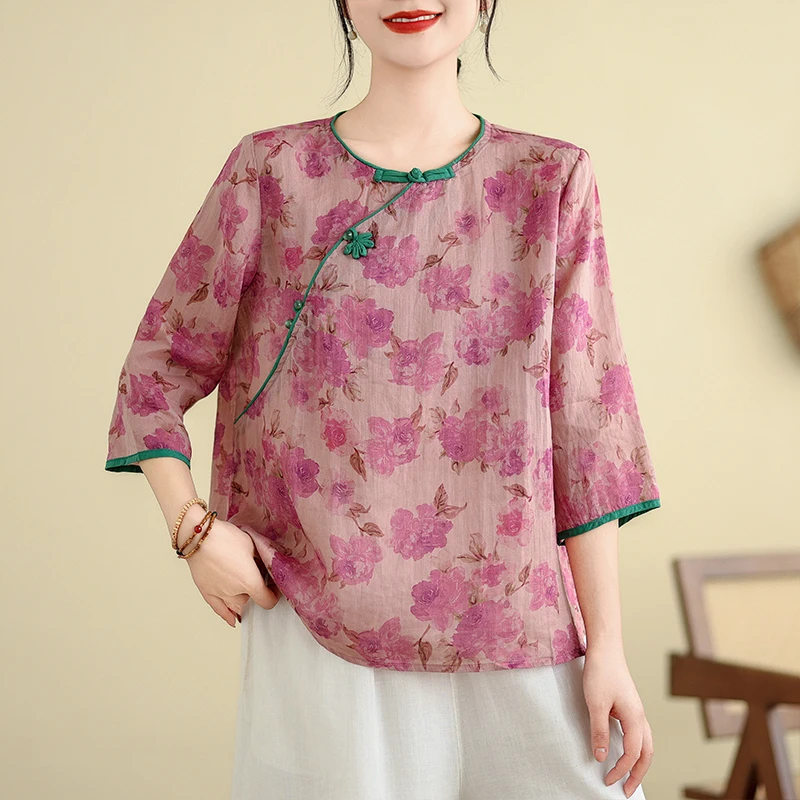 

Retro Printed Tussah Silk irt Women Summer Thin New Chinese Sle National Pearl Buttoned irt Agel Small irt