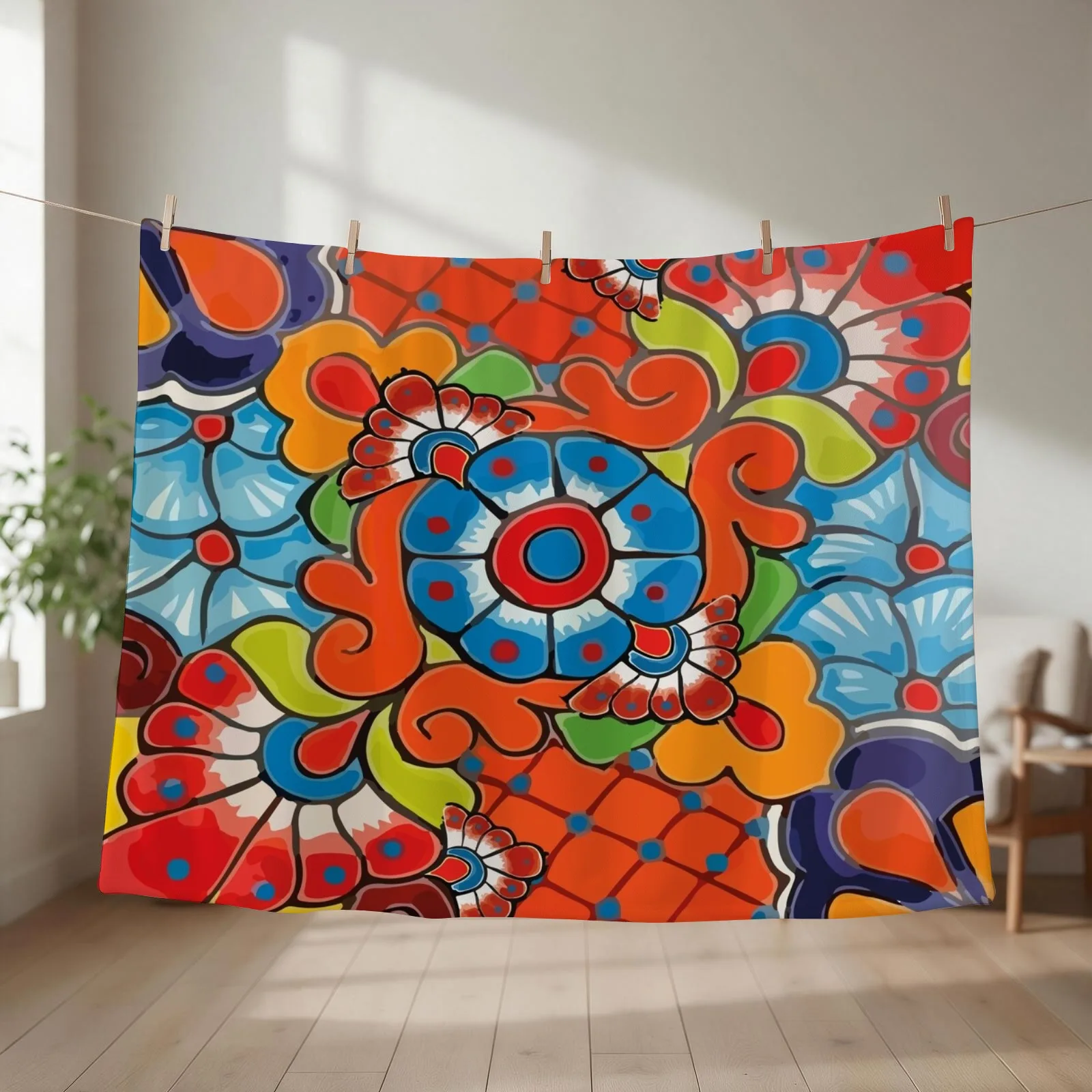 Orange azulejo maximalist mexican flowers talavera tiles Throw Blanket couch cozy soft plush fuzzy picnic outdoor blanket