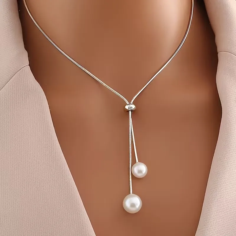 High-Quality Stainless Steel Tassel Imitation Pearls Necklace for Women Elegant Pull Adjustable Collarbone Chain Party Jewelry