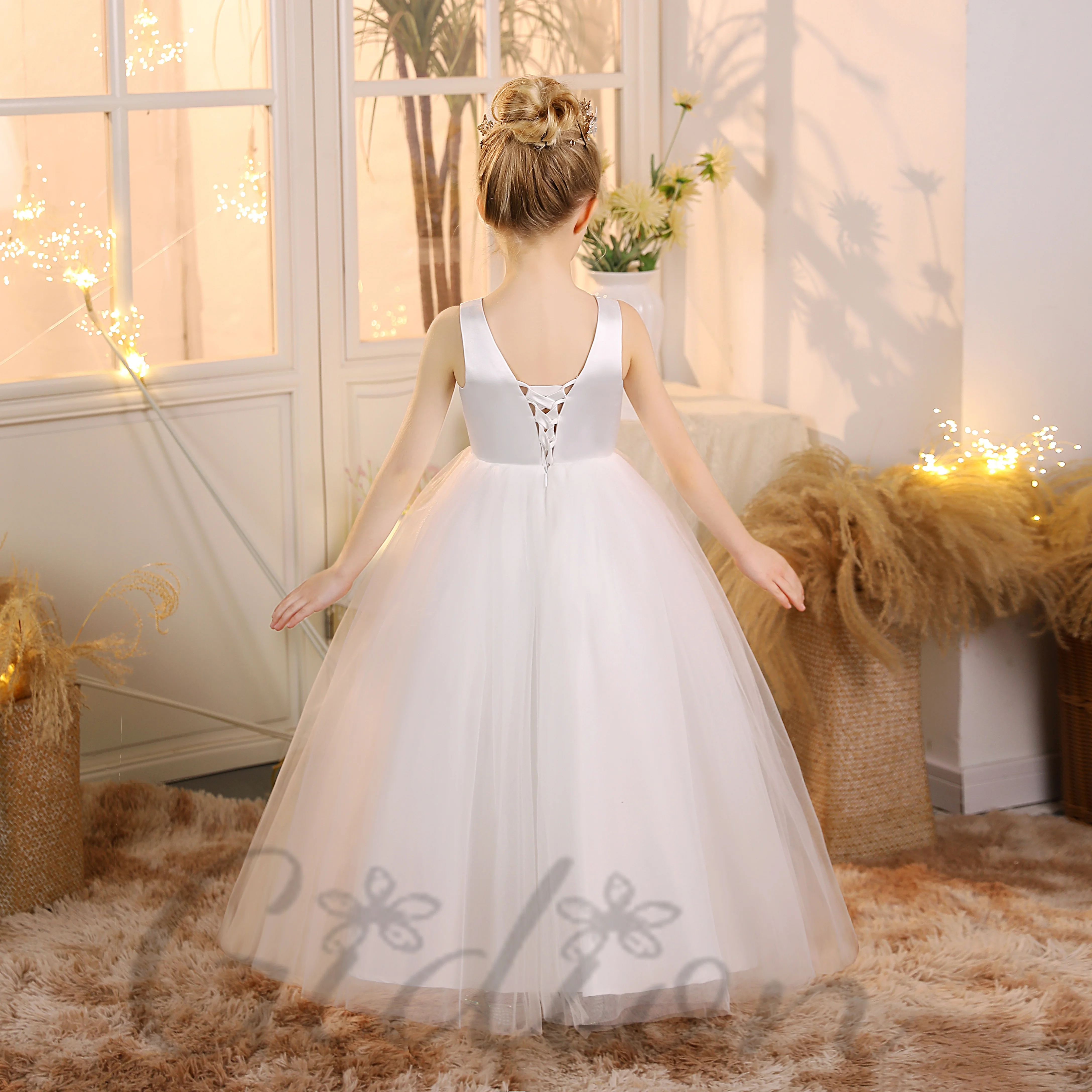 Satin/Tulle Princess Flowr Girl Dress For Children First Communion Wedding Ceremony Prom Night Event Ball Evening-Gown Banquet