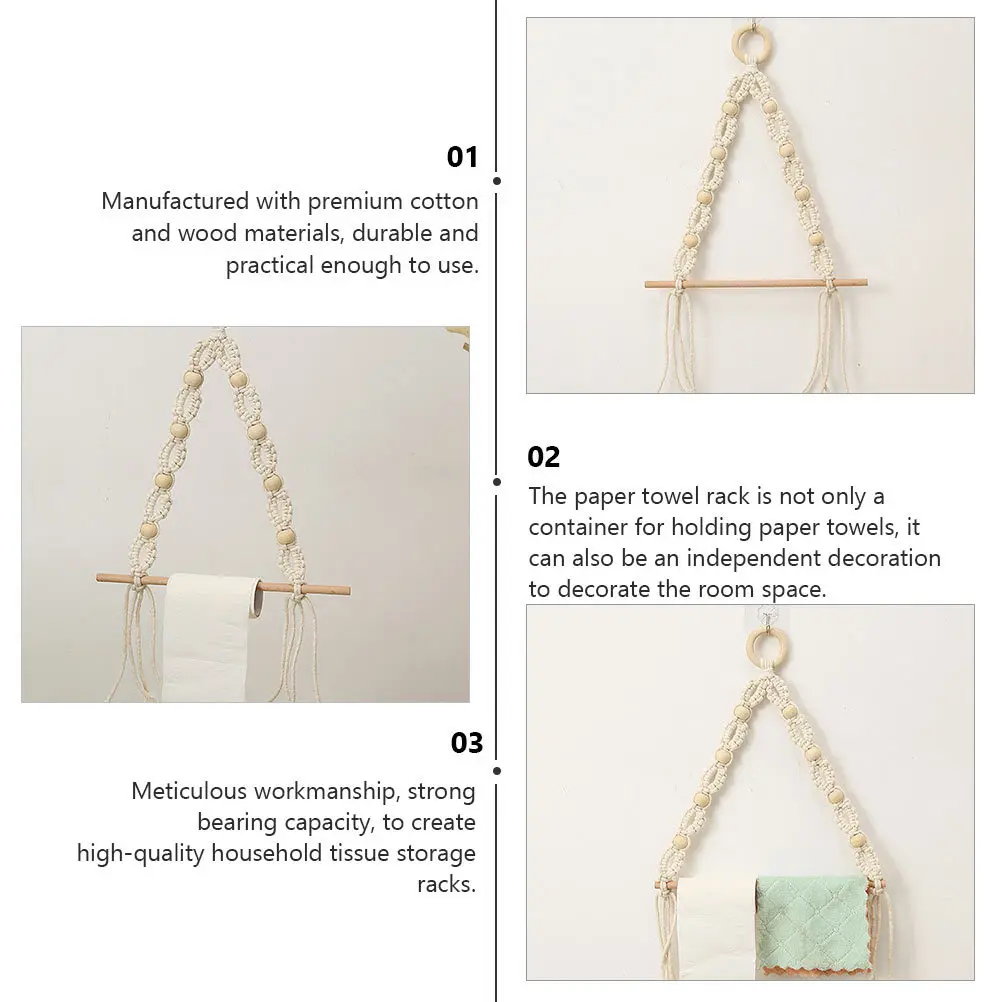 

1Pcs Crafted Cotton Rope Paper Towel Holder Wooden Roll Stand Strong Load Capacity Tissue Storage Rack Vintage Style Room Decor