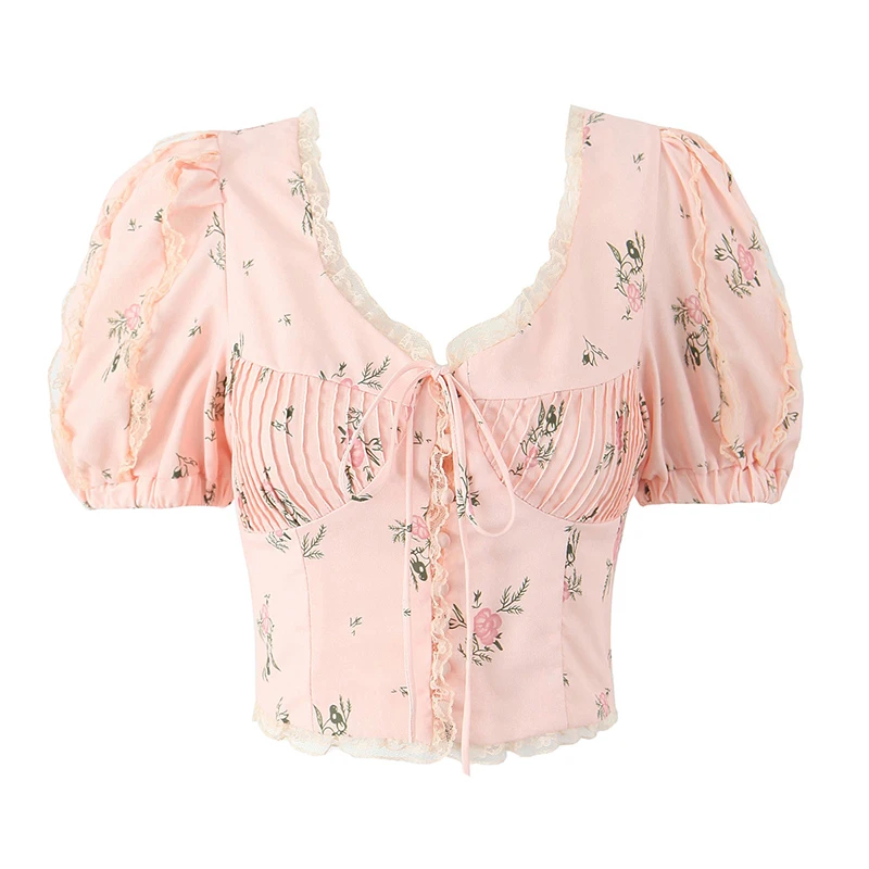 YENKYE Sweet Women Lace Trim Floral Print Pink Crop Blouse Puff Sleeve V Neck Holiday Summer Tops French Pastoral Style Top