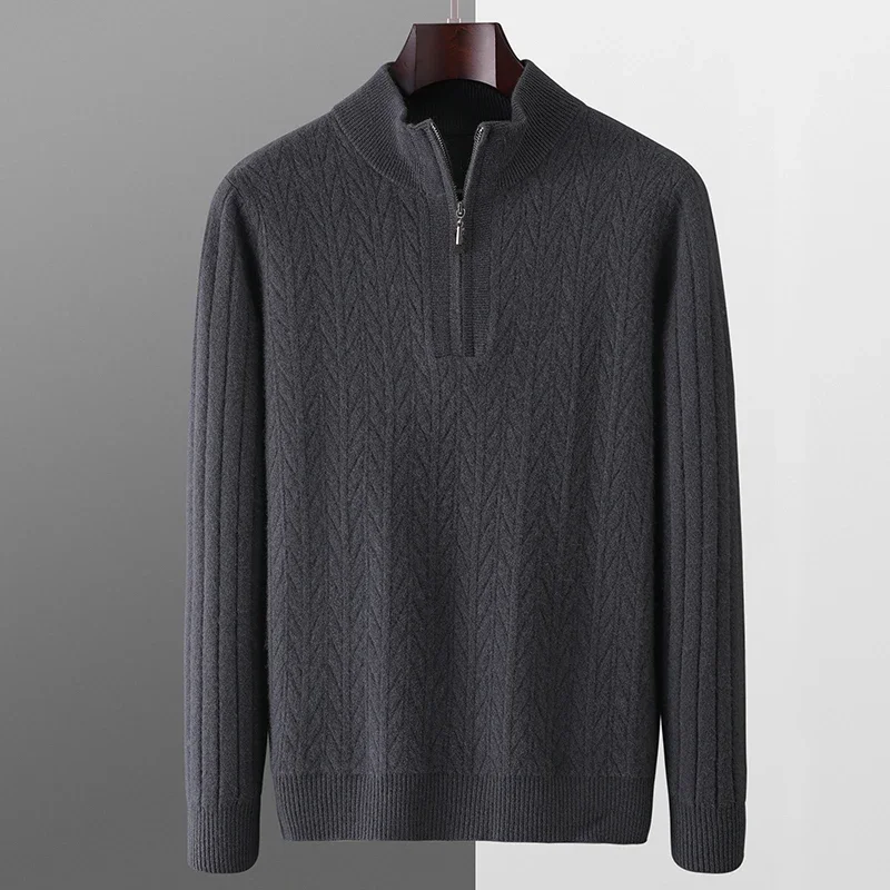 100 Merino Wool Men's Half-turtleneck Jacquard Sweater Autumn and Winter Thick Sweater Half Zipper Sweater Men's Clothes