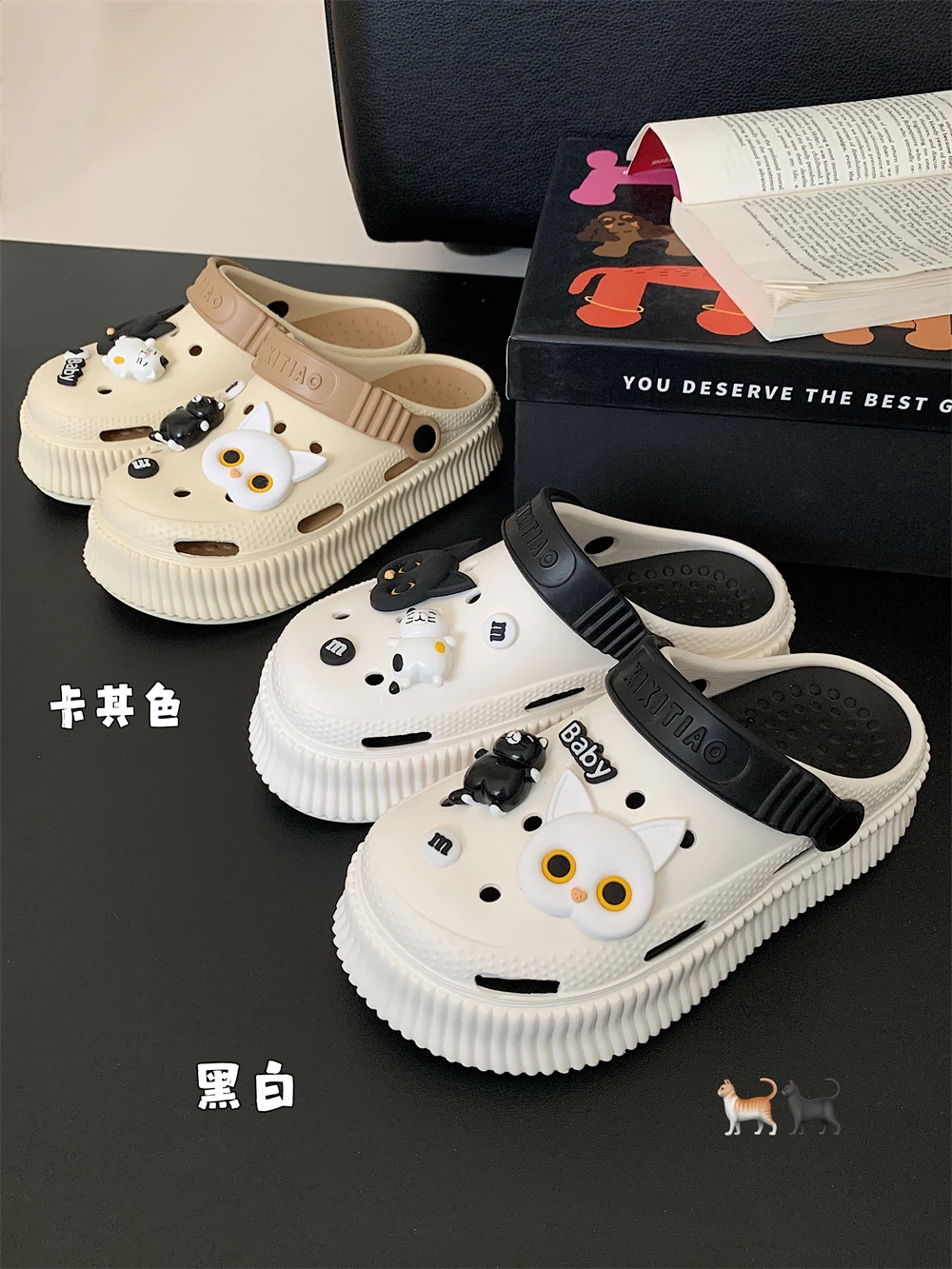 

Women Garden Sandals Shoes Instagram Black And White Kitten Hole DIY Home Slippers Shoes Thick Soled Summer Beach Sandals