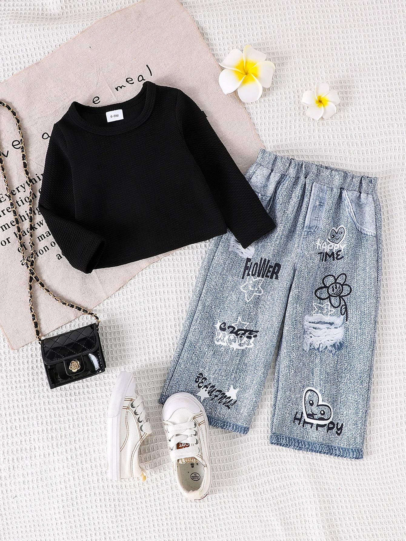 2CPS Autumn New Style 0-3 Years Old Fashionable Trend Black Round-Neck Base Shirt + Printed Denim Pantsuit