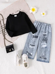 2CPS Autumn New Style 0-3 Years Old Fashionable Trend Black Round-Neck Base Shirt + Printed Denim Pantsuit