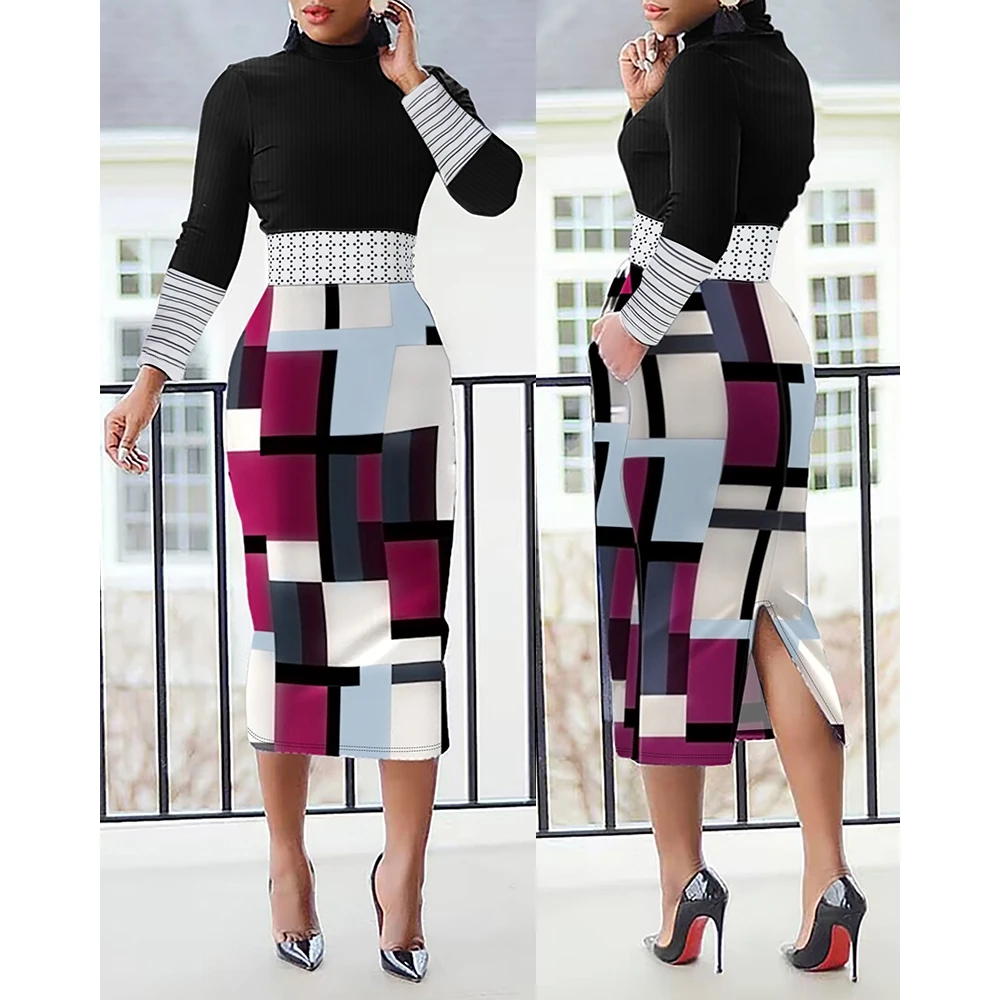 Colorblock مخطط هندسي طباعة Bodycon حزب اللباس ، أنيق مكتب سيدة قلم رصاص ميدي اللباس ، الربيع عمال