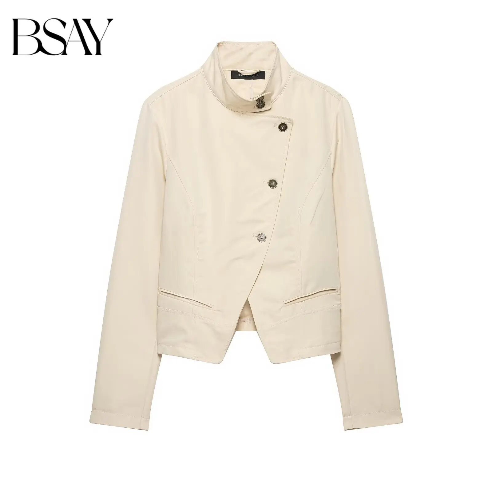 BSAY 2026 Women Asymmetric Button Cropped Blazer Stand Collar Long Sleeve Diagonal Placket Pocket Slim Casual Short Suit Jacket