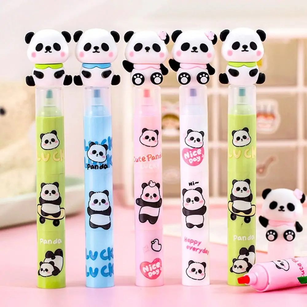 Rotulador fluorescente portátil de Panda, rotulador creativo de dibujos animados, colorido, de 3 capas, para estudiantes