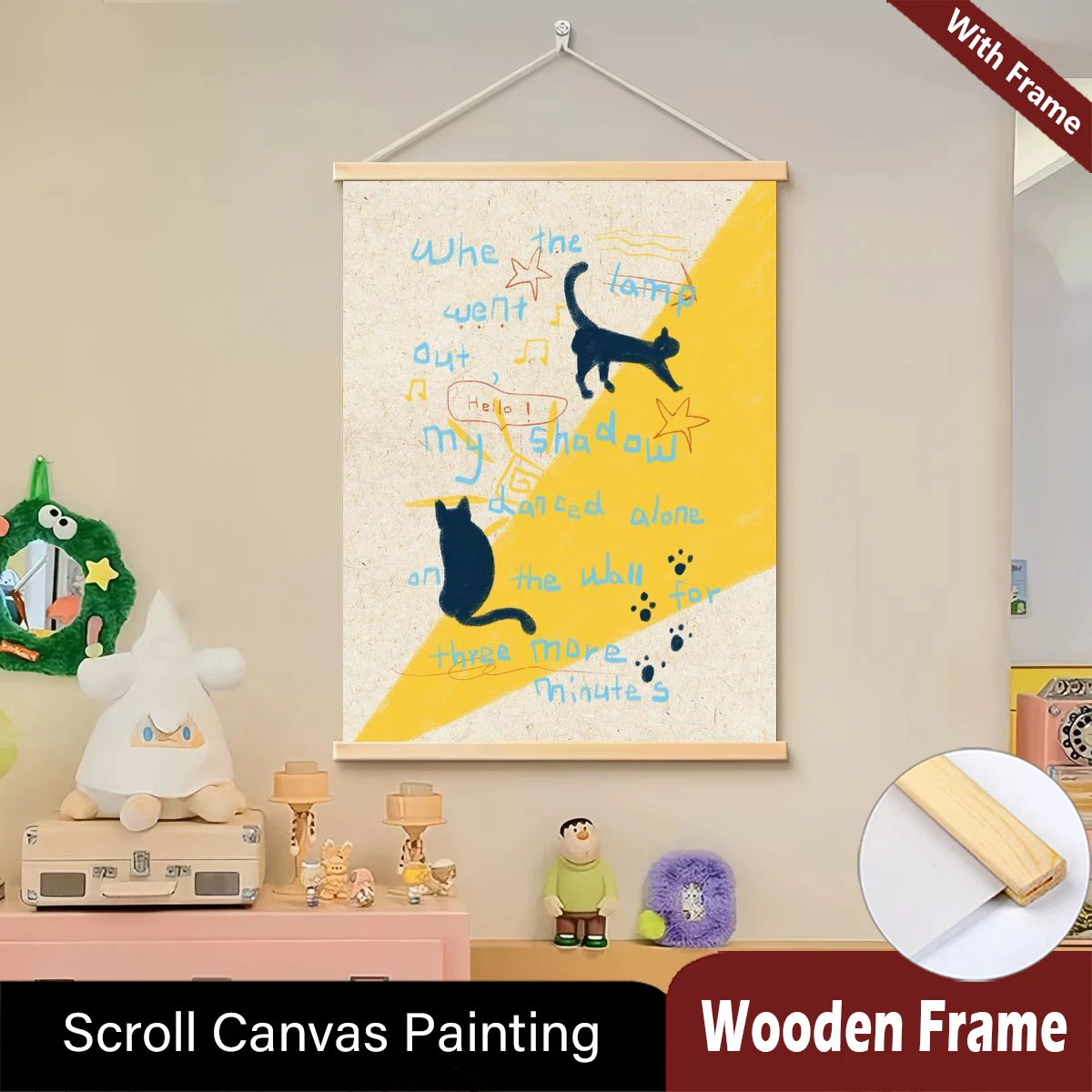 Handwritten Inspirational English Quote Solid Wood Scroll Painting With Frame, Cute Cat Canvas Painting Poster Hanging Kids Room