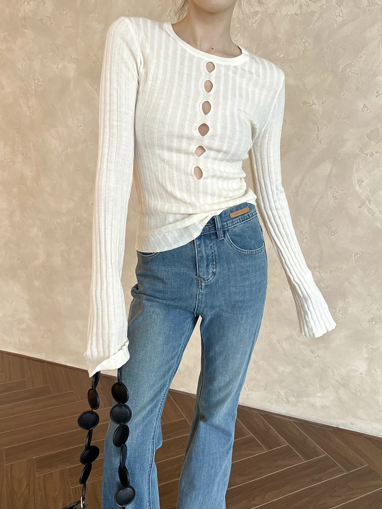 

Корейский черный, белый цвет, элегантный ажурный свитер, женский красный свитер с круглым вырезом и длинными рукавами, праздничные базовые вязаные топы 2024, осень, простота