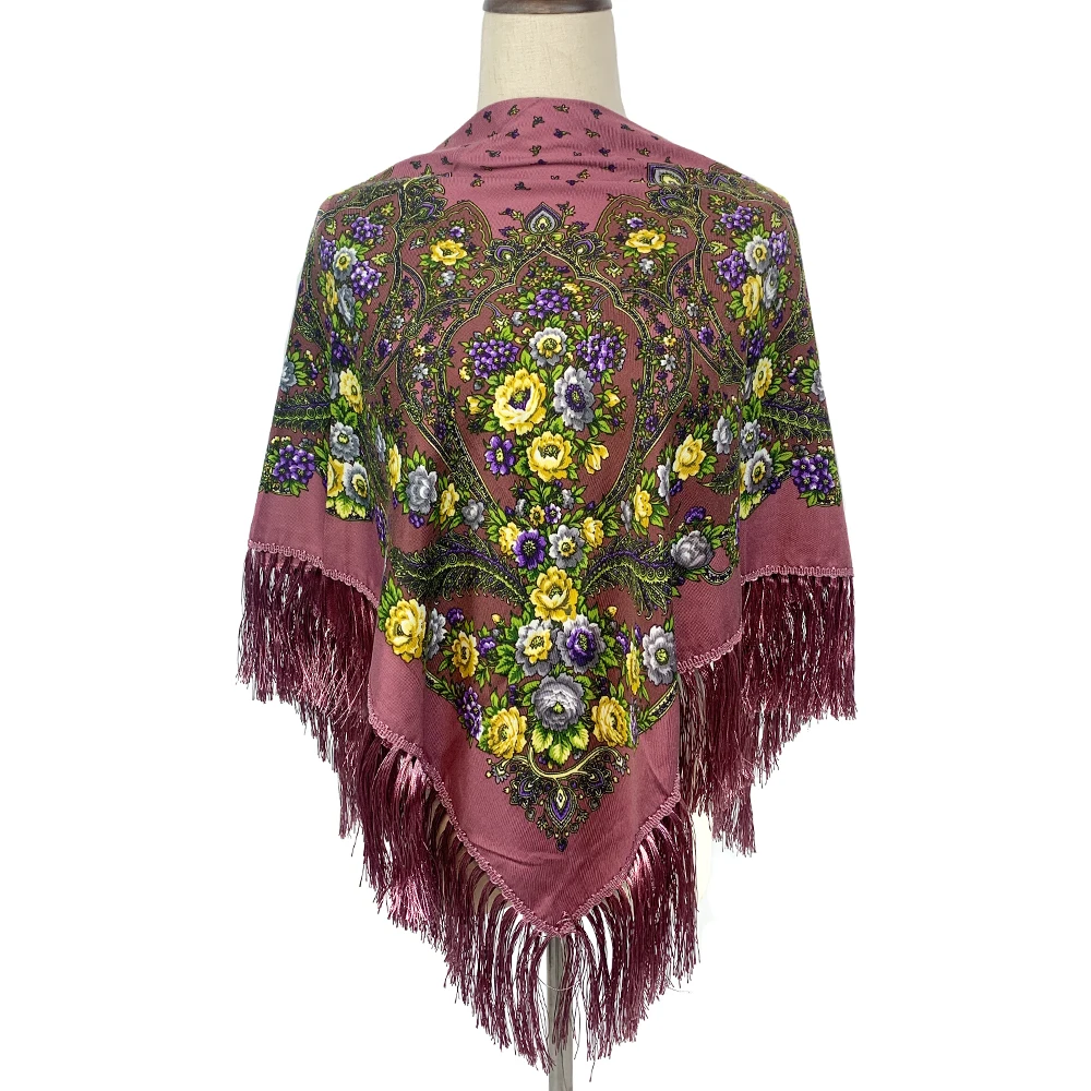 110*110cm Bohe Style Cotton Printed Square Scarf for Women Russian National Scarves Ethnic Fringed Shawl Lady Winter Blanket