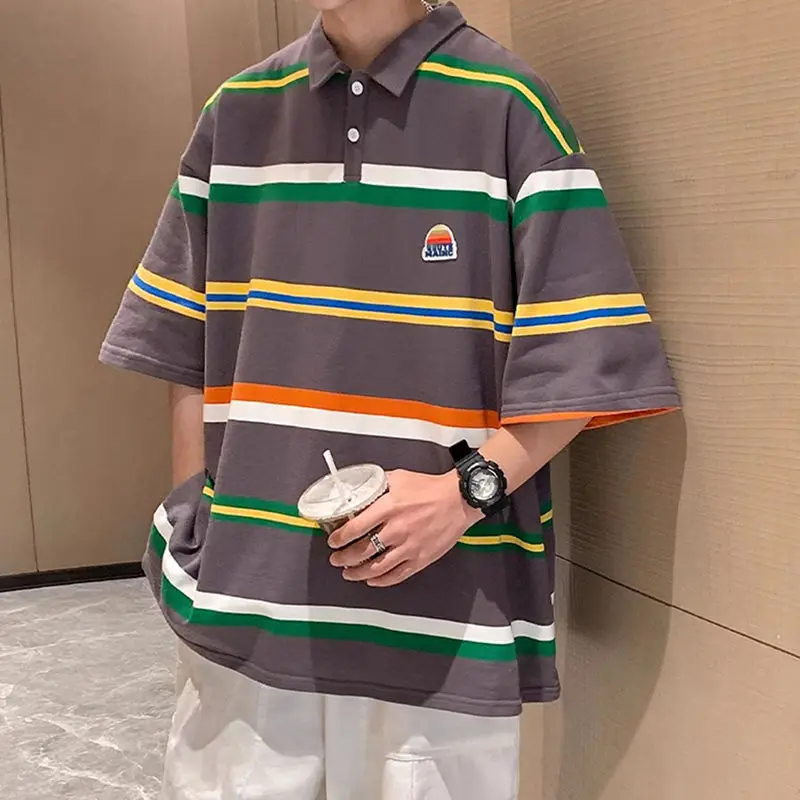 Extra large size American striped polo shirt short-sleeved men\'s and women\'s all-match tops summer ins high street five-quarter