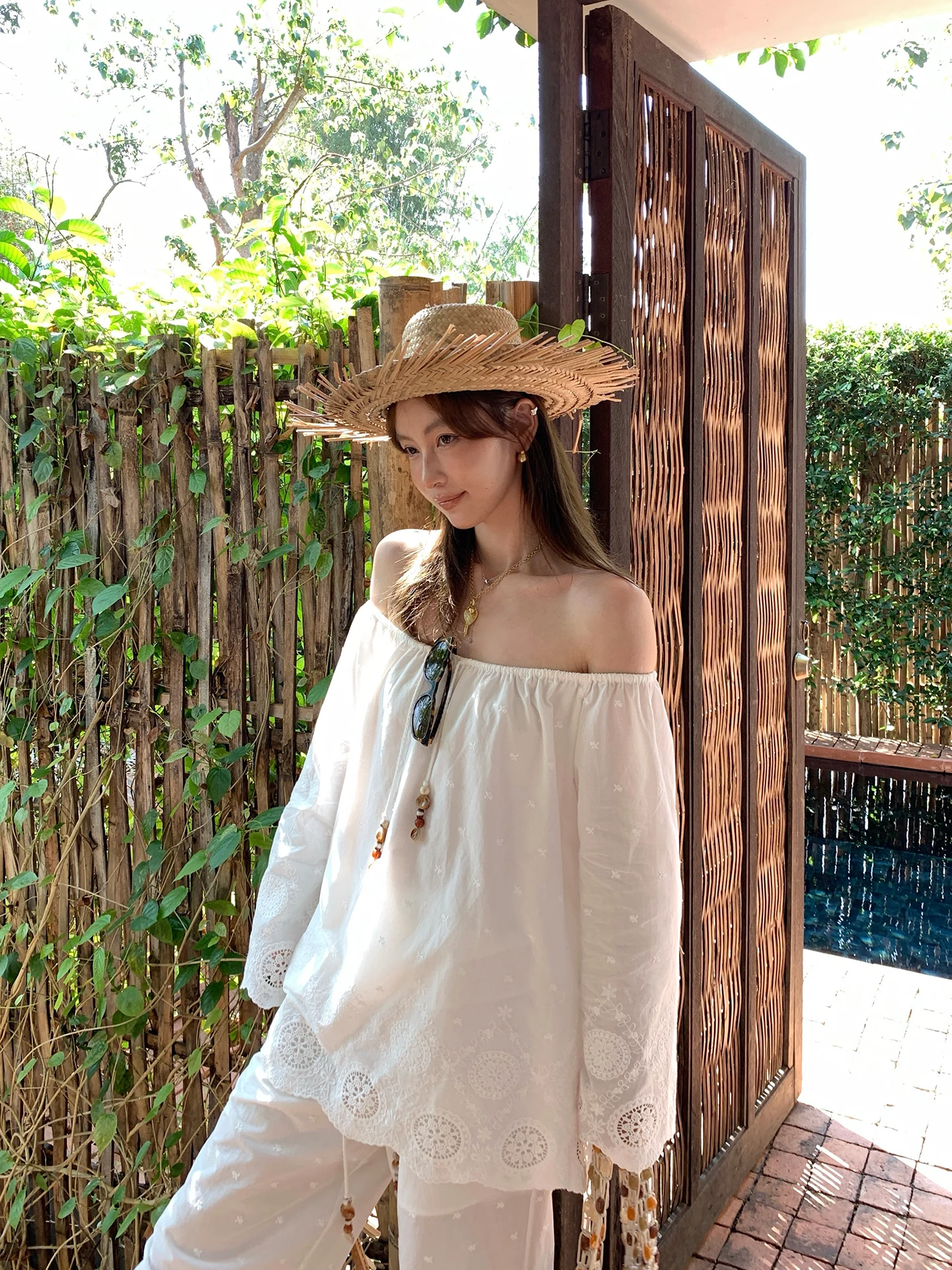 

White Lotus Resort One oulder Lace irt A-Line Skirt Long Pants Tee-Piece Set Women's Faion Spring Cotton Blend