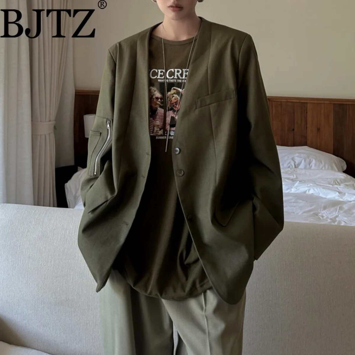 

BJTZ Oversize Loose Fit V-neck Blazer Jacket For Woman 2025 Spring Autumn New Long Sleeve Casual Versatile Female Coat Tide