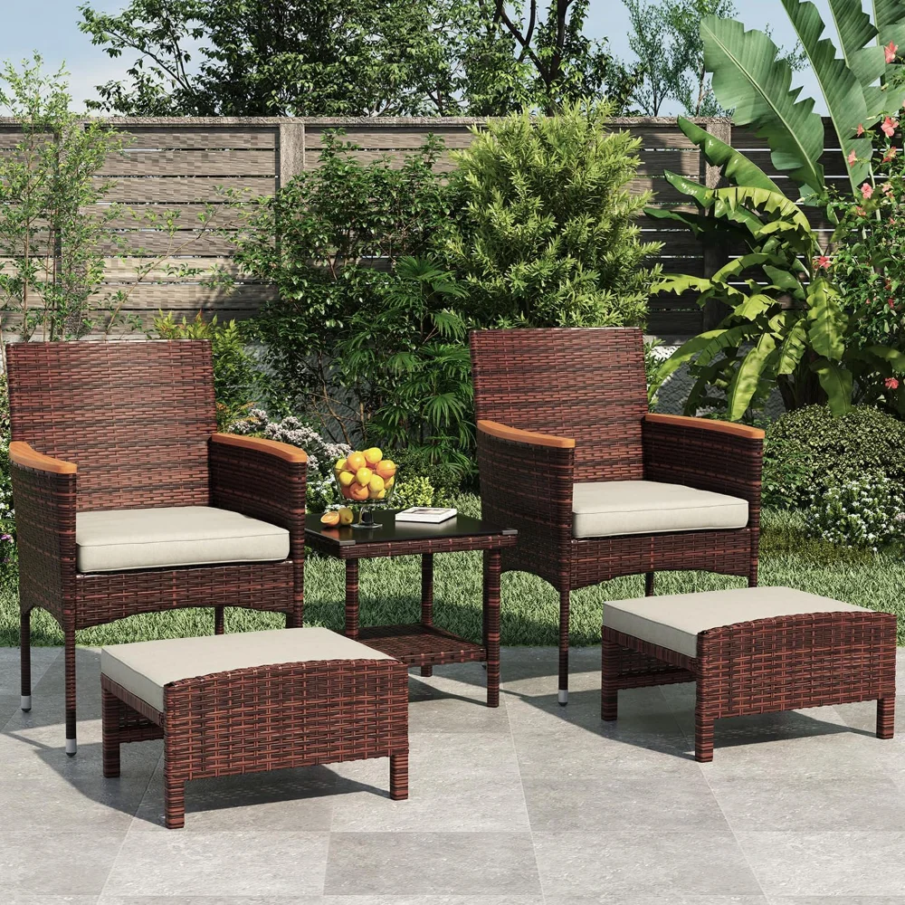 

5 PCS Outdoor Patio Furniture Set with Table&Ottoman Outdoor Furniture Patio Set Bistro Wicker Patio Set