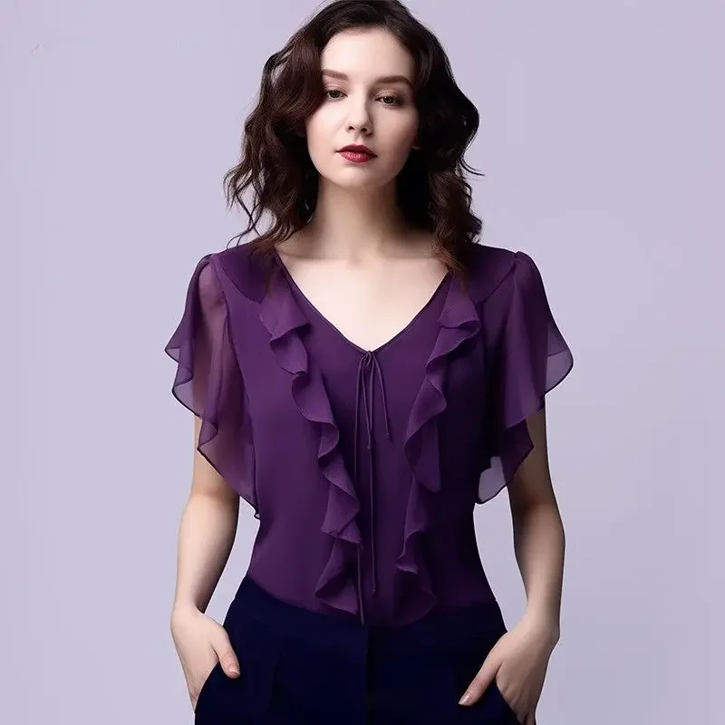 

Elegant V-Neck Ruffles Lace Up Butterfly Sleeve Blouses Women's Clothing Summer Loose All-match Tops Office Lady Shirts E9369