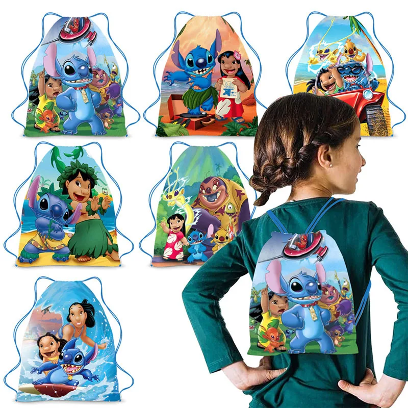 Disney Anime Stitch Drawstring Pocket Kawaii Lilo & Stitch Portable Storage Backpack Cartoon Drawstring Bag Children Gifts