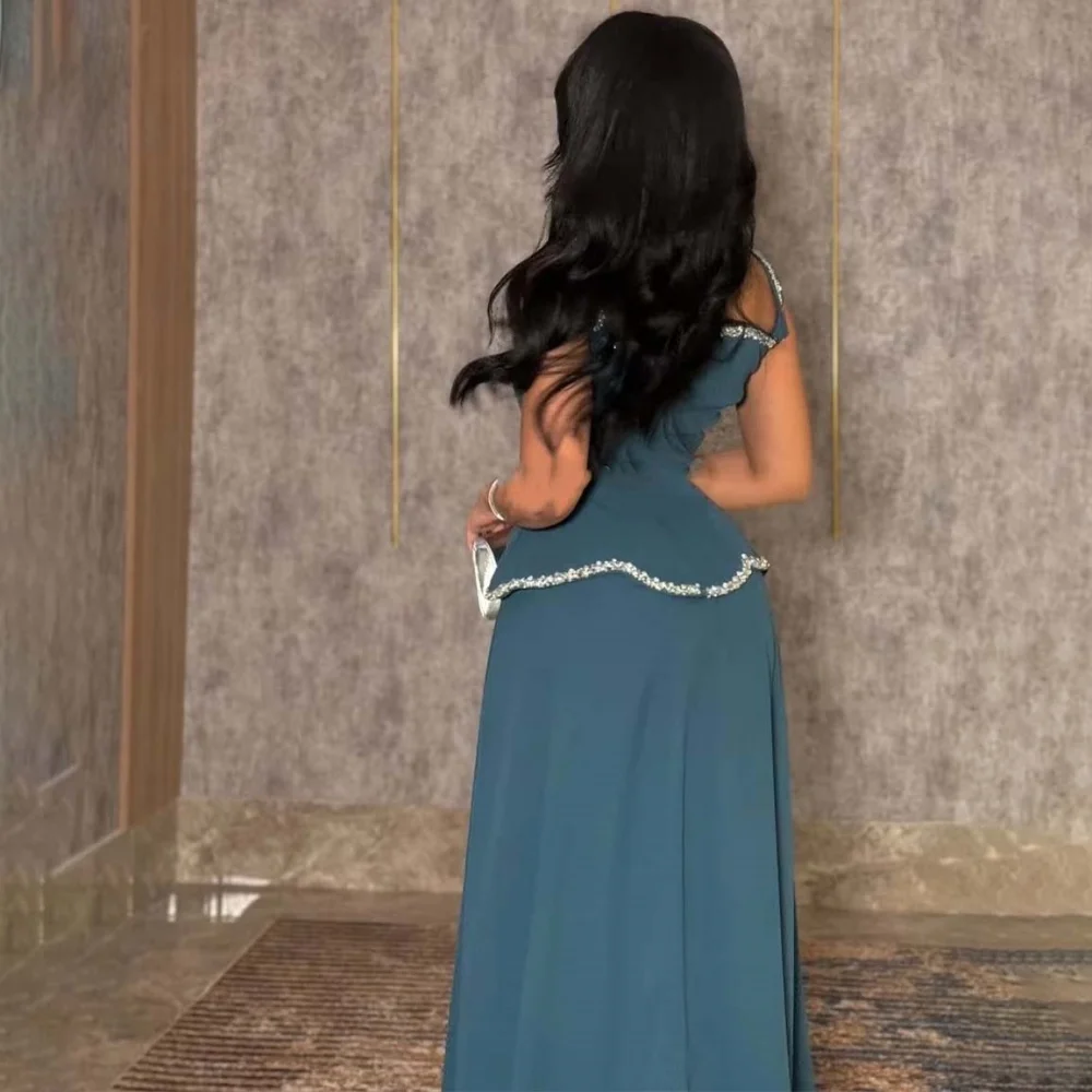 تخصيص رائعة الديكور المرأة فستان حفلة موسيقية الساحرة ألف خط السباغيتي حزام فستان الحفلات المرأة ساحة الرقبة كشكش ثوب مسائي