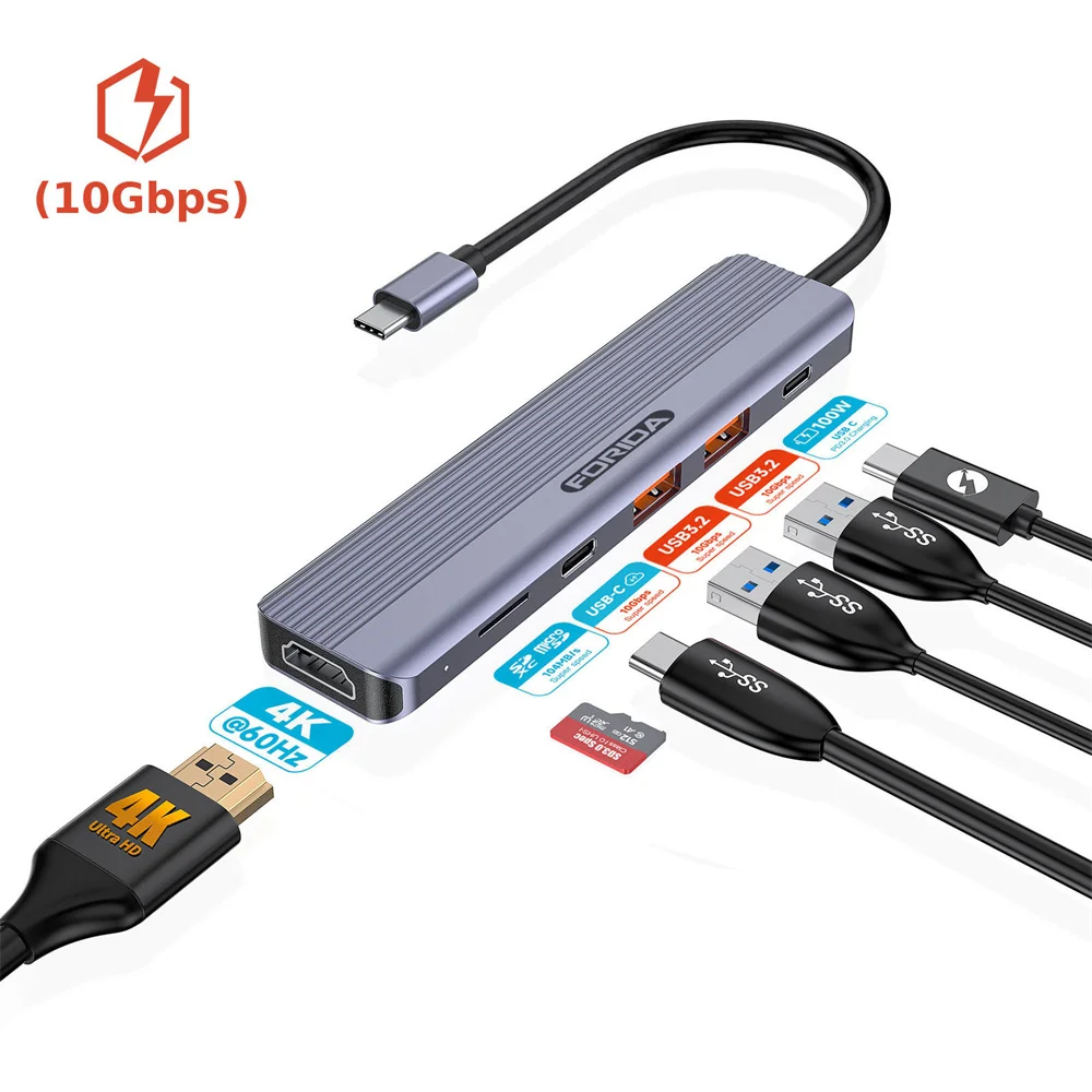 FORIDA  Fast transfer USB Hub C 6 Ports 10Gbps USB Hub 3.2 2PCS Type C USB A 4K60HZ HDMI 100W PD Charging Adapter for Laptop PC