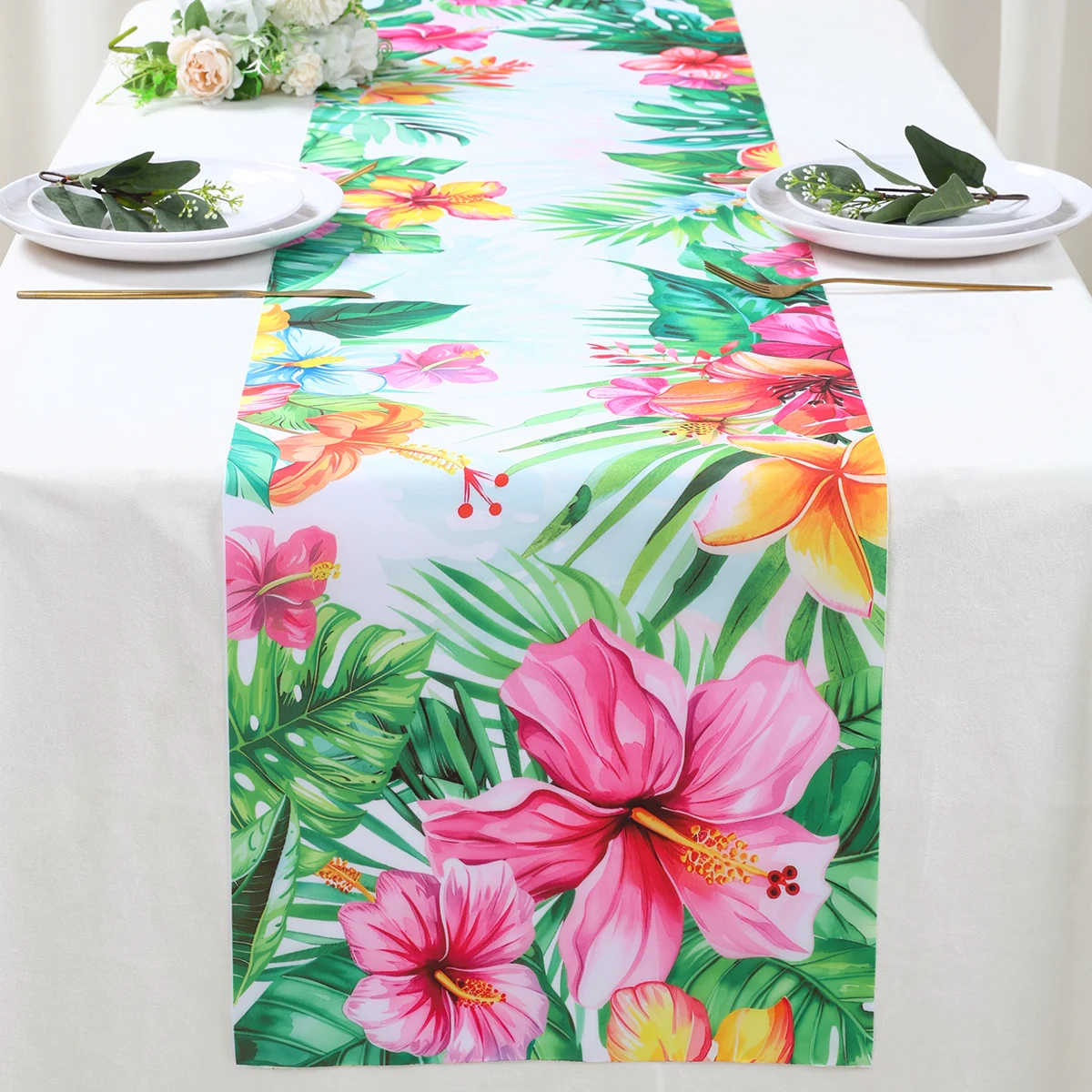 Hawaiian Flamingo Hibiscus Flower Table Runner Aloha Summer Tropical leaves Plastic Table Flag Happy Birthday Party Decorations