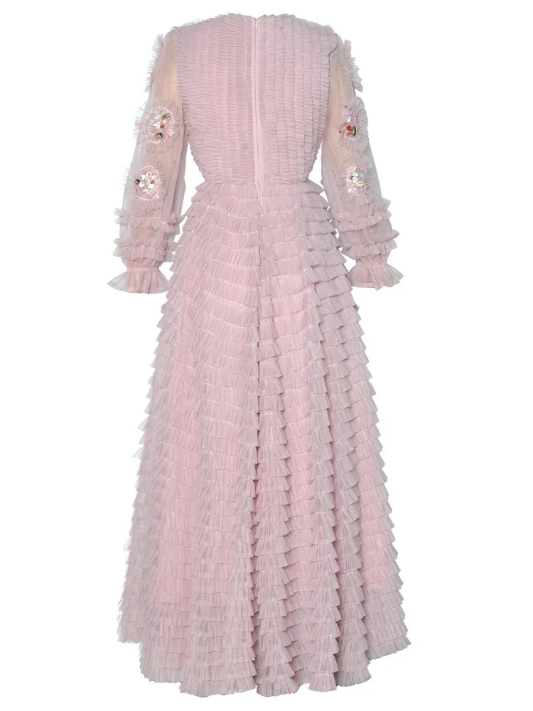 DSXDFACAIRIJ Damen-Kleid mit Pailletten, Stickerei, Netzstoff, V-Ausschnitt, Laternenärmel, Vintage-Ballkleid, Kuchen-Stil, modische Frühlingskollektion