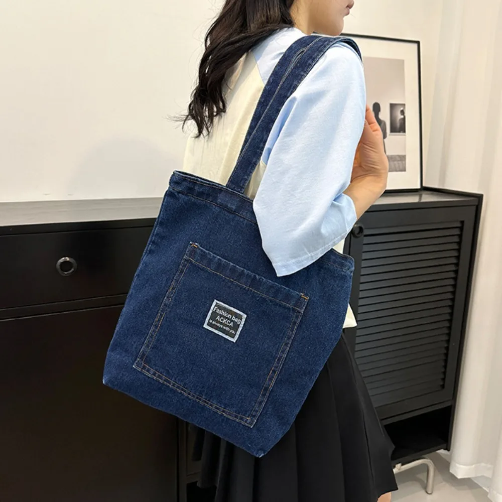 Trendy Denim Canvas Shoulder Bag Handbag Large Capacity Commuting Bag Shopping Totes Bag Summer Beach Bag Underarm Bag