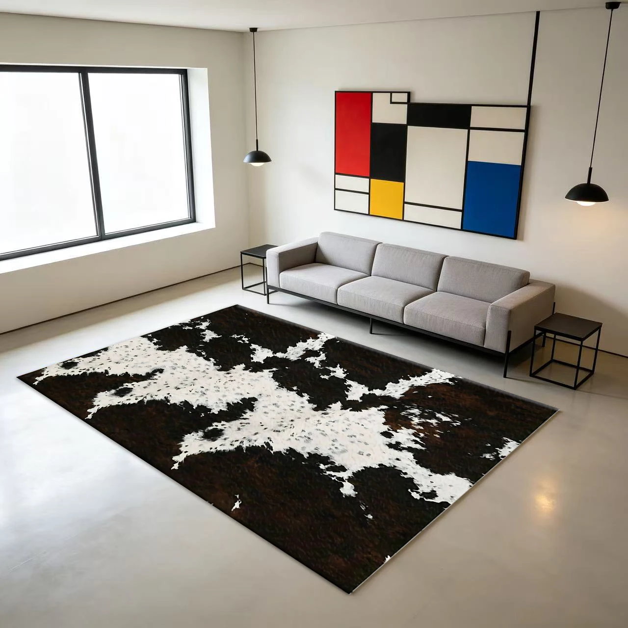 Black and White Cowhide Texture Carpet Modern Animal Skin Pattern Print Home Living Room Bedroom Floor Carpet
