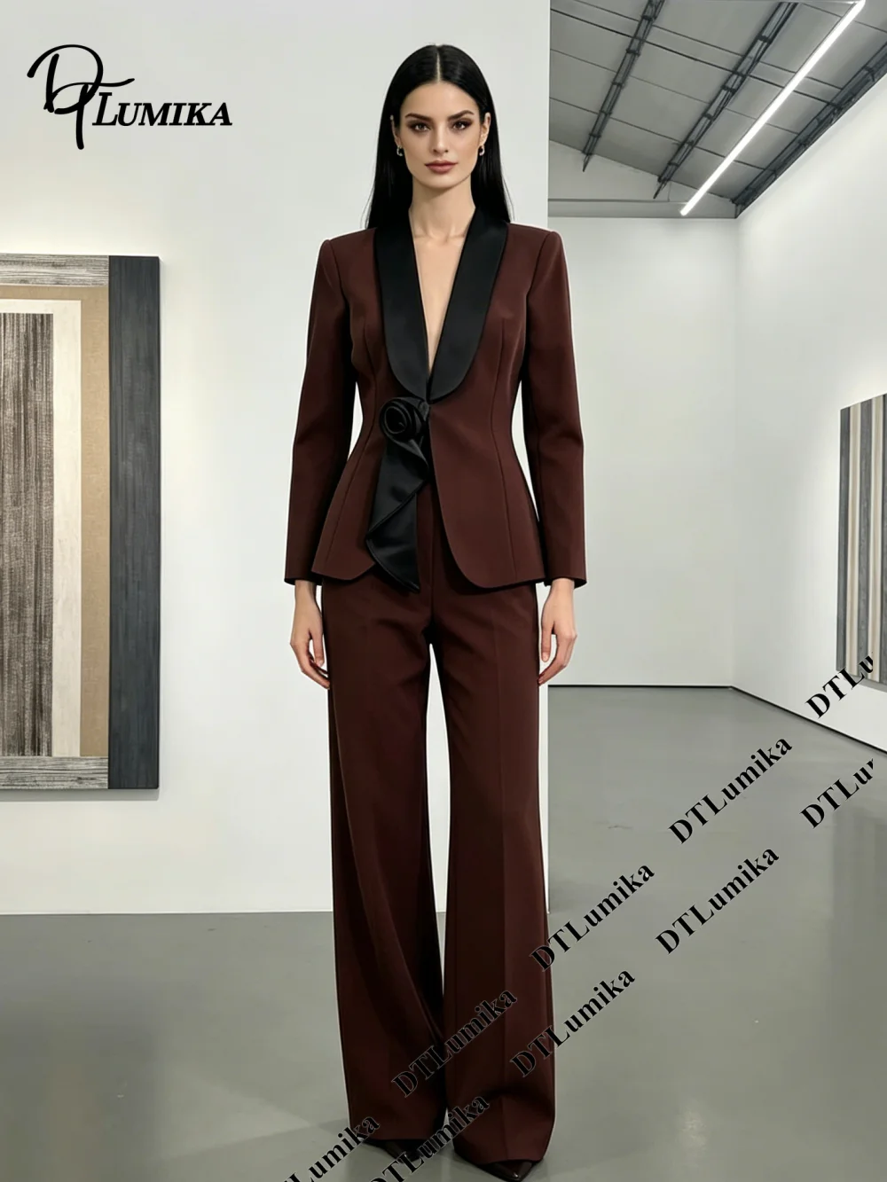 DTLumika Women's Two Pieces Suit Set with Floral Accent Slim Fitting 2-Piece Jacket Pants Formal Pageant Gala Events Suit Attire
