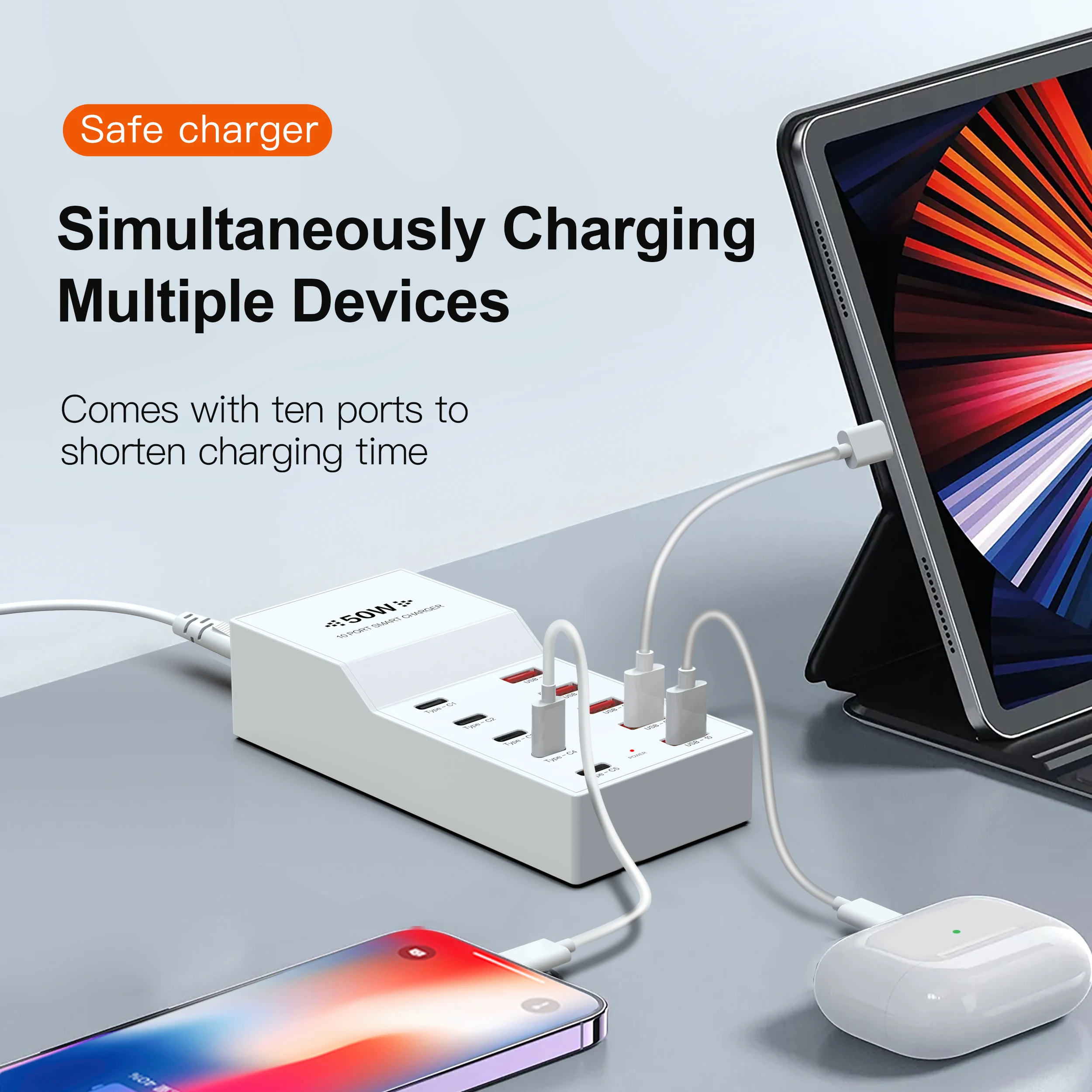 10 Ports Desktop Mobile Phone Charger With LCD Display 8A QC3.0 USB ChargerSmart Fast Charging for Smart Phones Tablet PC