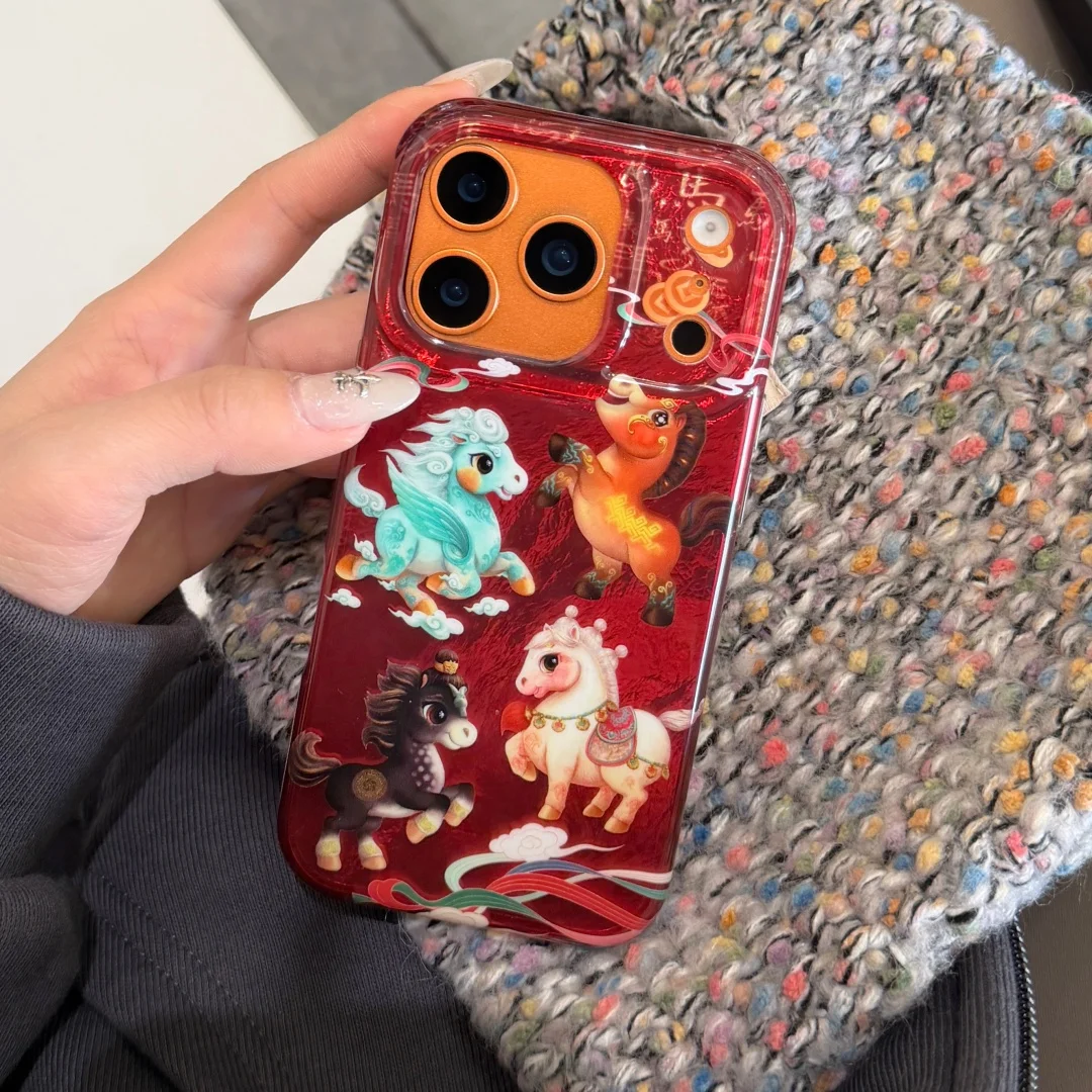 

Oriental Vintage Auspicious Cloud little Horse Pattern Phone Case For iPhone 15 14 13 16 17 Pro Max Plus Silicone Soft Cover