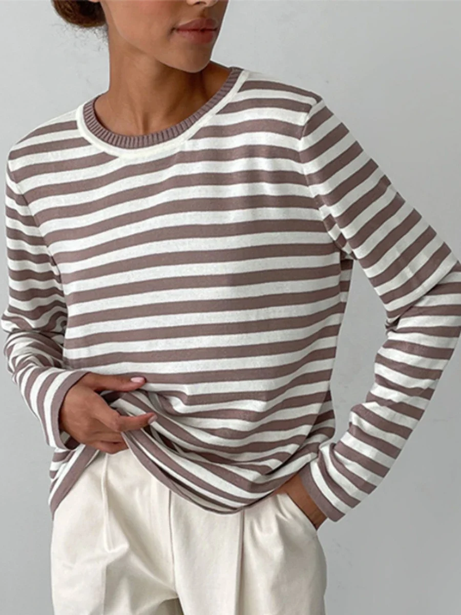 Wolfeel Knitted Stripe Sweater Women Autumn Winter Loose Casual Thick Pullovers Female Warm Long-sleeved Round Neck Tops