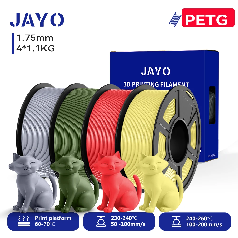 JAYO 3D PETG/PETG transparentes Filament 1,75 mm Filament für Bambu FDM 3D-Drucker PETG ordentlich gewickeltes 3D-Druckmaterial 4 Rollen
