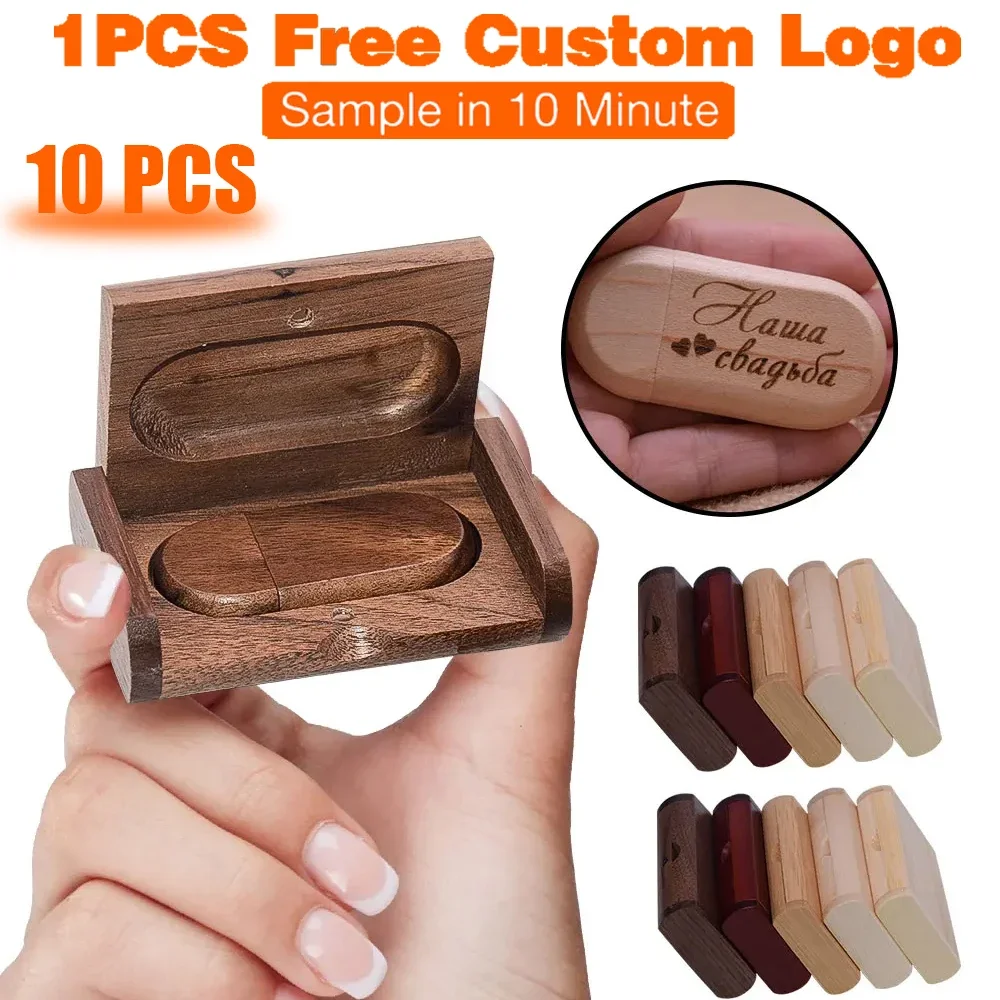 10 PCS LOT Wooden USB 2.0 Flash Drive 128GB Free Custom Logo Pen Drive 64GB Box Creative Memory Stick Wedding Gift 32GB U Disk