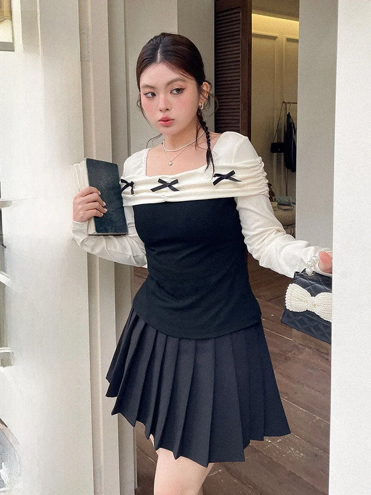 

Элегантная женская футболка с длинным рукавом на одно плечо во французском стиле, приталенная, для ранней весны, модная, больших размеров, повседневная одежда