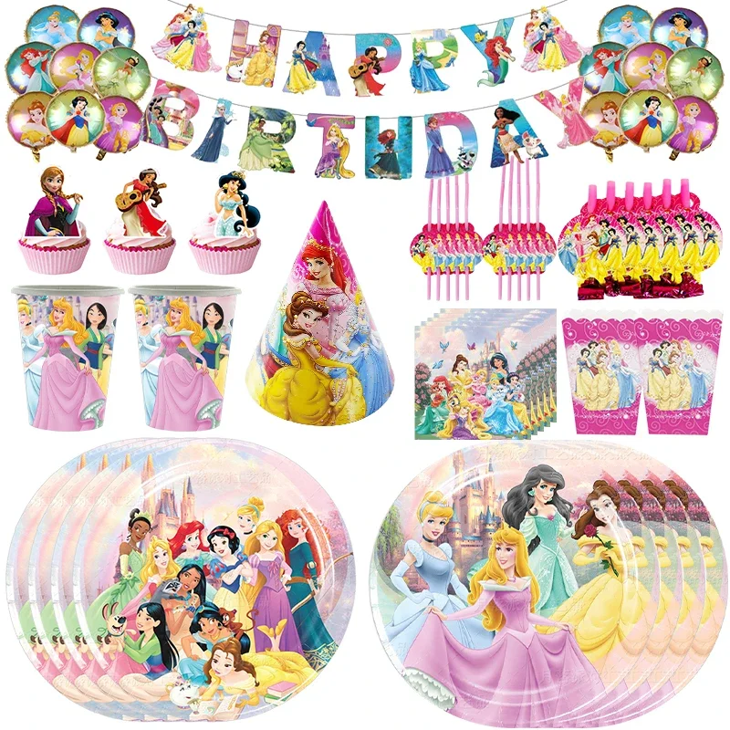 Décorations de fête d'anniversaire de princesse, vaisselle, gobelets, assiettes, serviettes, nappe, fournitures de fête de princesse pour anniversaire, ballon, bannière