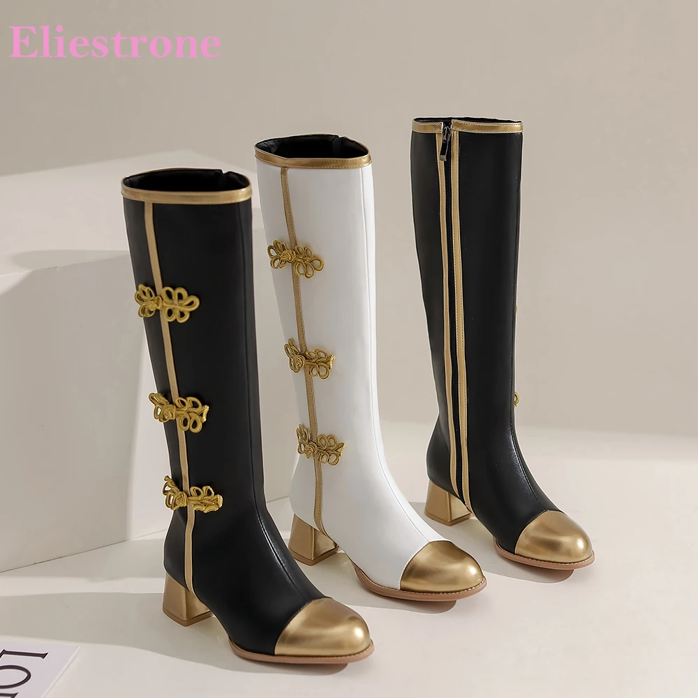 

New Winter Fashion White Black Women Knee High Boots Hot Med Square Heel Office Lady Dress Shoes Plus Big Size 12 43 47 49 52