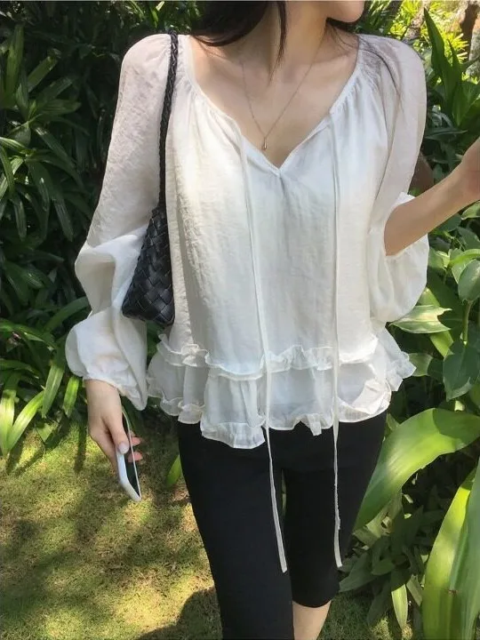 Chic Early Autumn Women's Shirt Gentle Loose Long Sleeve with Wood Grain Ruffle Elegant Fashionable Anti-Aging Korean Style
