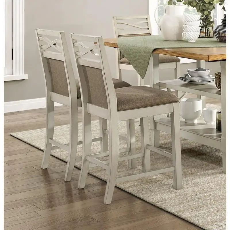 مجموعة من كرسيين بارتفاعين، لمسة نهائية رمادية، طراز ريفي كاجوال، مقعد وظهر منجد من القماش، كراسي طعام خشبية لـ