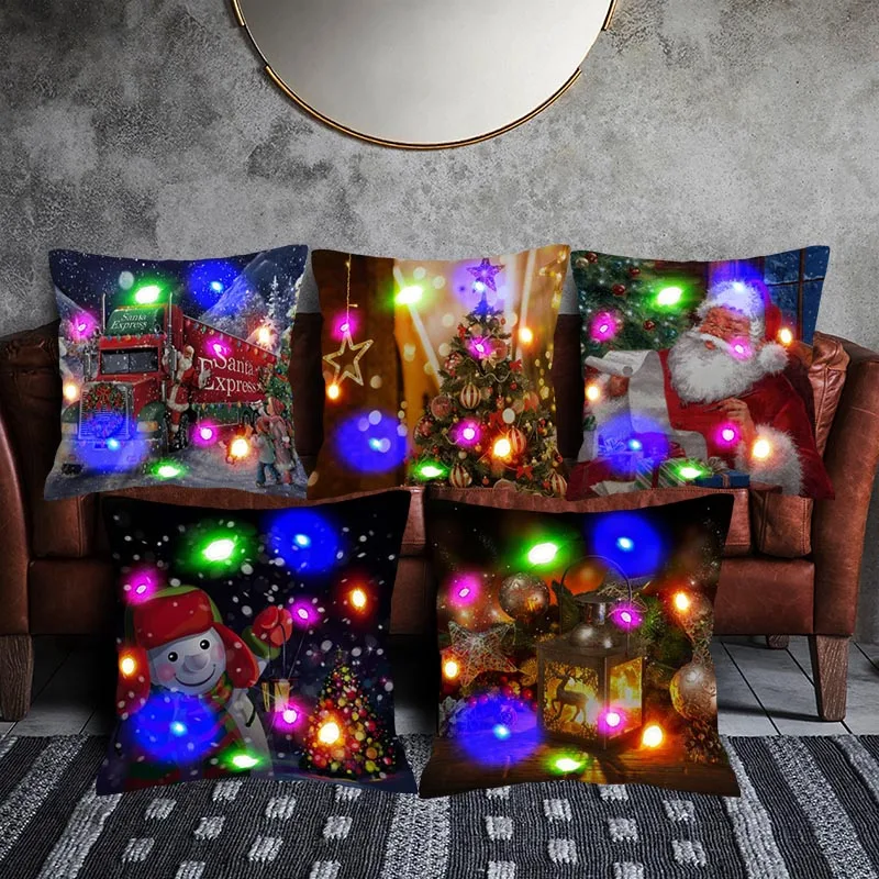 Glowing 45x45cm Santa Pillow LED Light Christmas Novelty Ornament Polyester Pillowcase Home Decor  Decoration