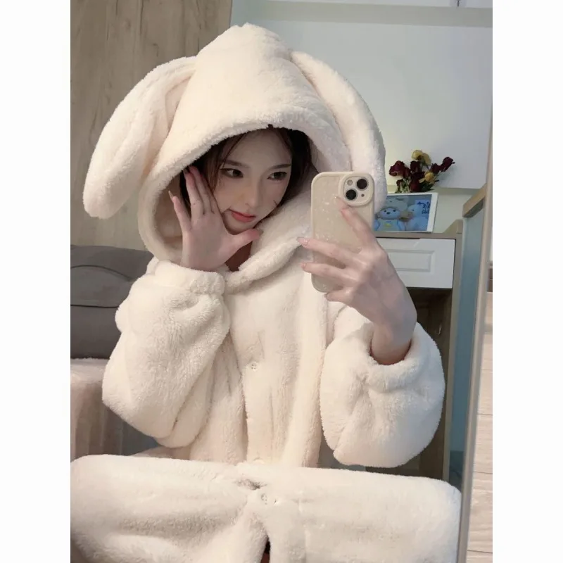 Thickening Type Hooded Pajamas Autumn and Winter Loungewear Warmth White Coral Fleece Night Gown Winter Style Female New Style