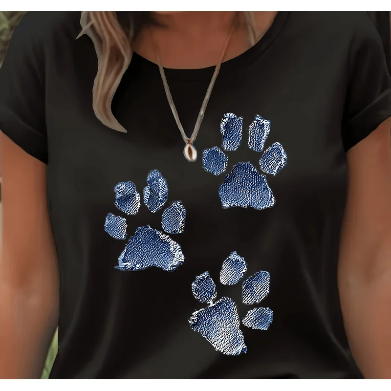Denim Texture Dog Paw Print Black Cotton Women Short Sleeve T-Shirt