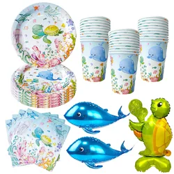 Marine Animal Disposable Tableware Plate Cup Napkin Turtle Whale Balloon Kids Favor Birthday Party Baby Shower Decor Supplies