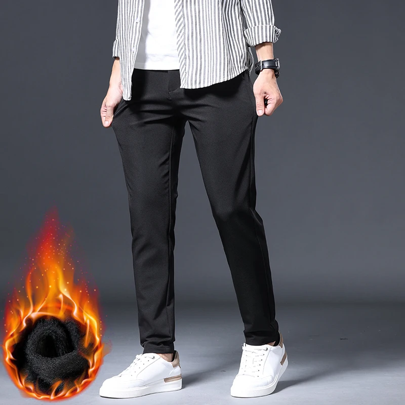 Thick Men's Casual Pants Winter New Slim Business Straight Trousers Velvet Warm Solid Color Fashion Classic Male Plush Trousers