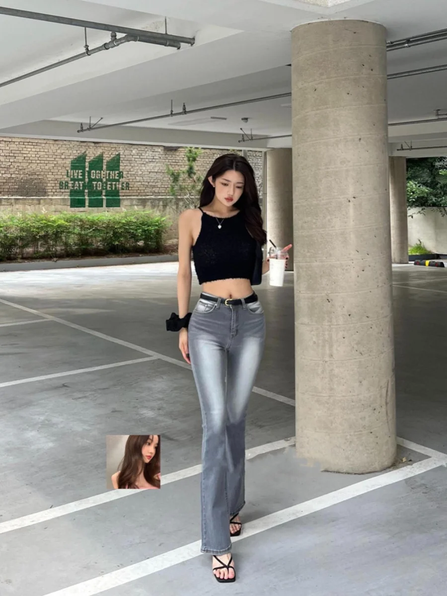 

Джинсы с высокой талией, эластичные, утягивающие, с эффектом потертости, микро-клеш, в корейском стиле, для дерзких девушек, с подкладкой на бедрах, из хлопка, эластичные