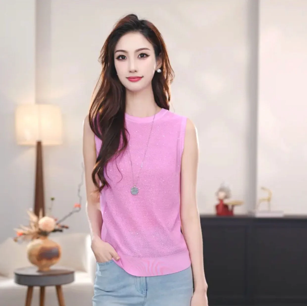 

Amai 2025 Summer New Sle Women's Knitted Ice Silk Vest Svel round Ne Versatile Color Commute Faion 53805